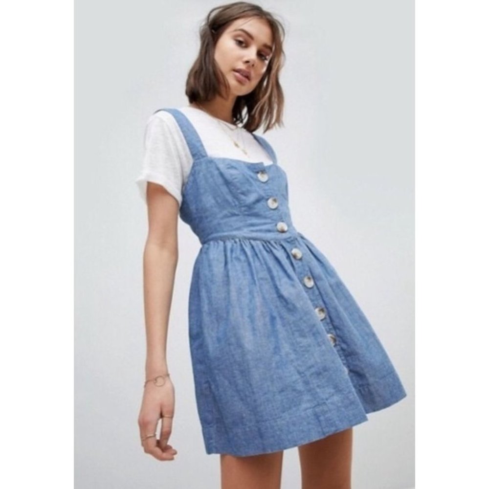 Free People Blue Chambray Carolina Button Front Mini Dress/Jumper Size 2